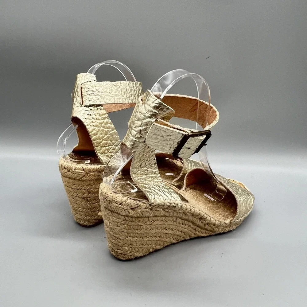 J Crew Sandals Womens 7 Gold Leather Espadrille Ankle Strap High Wedge Shoes